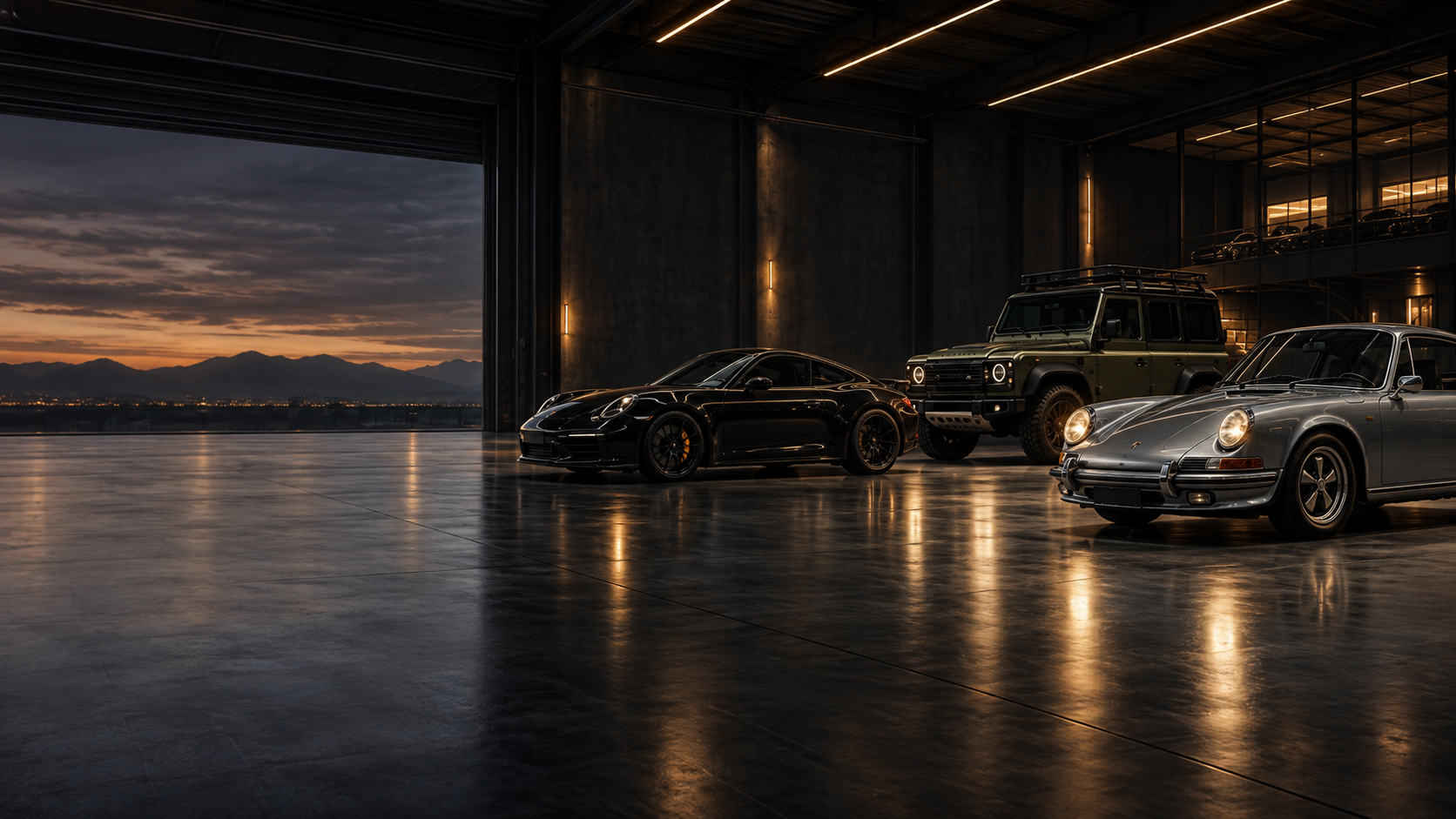 A curated collection of enthusiast vehicles in a modern warehouse