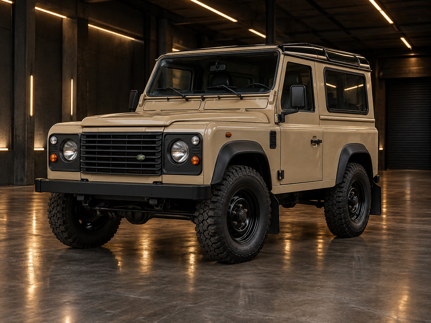 Tan 1997 Land Rover Defender 90 in a warehouse