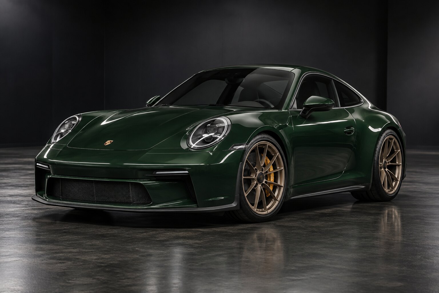 Illustrative front three-quarter view of a green sports car, with the whole vehicle in frame
