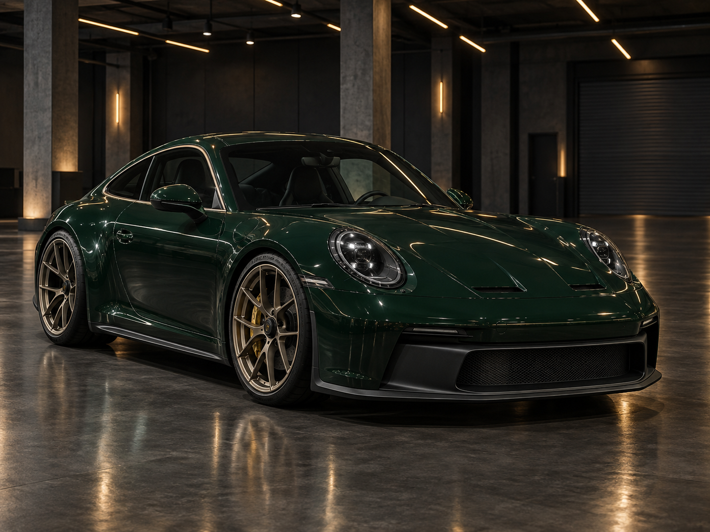 Green 2022 Porsche 911 GT3 Touring in a warehouse