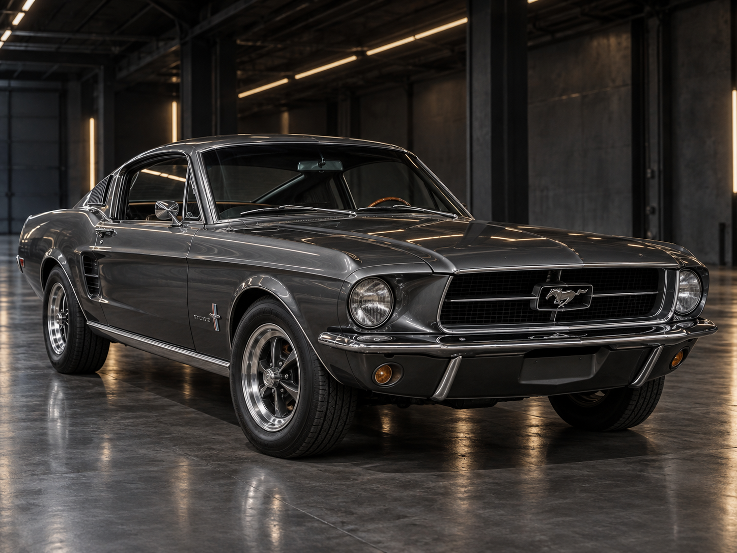 Charcoal 1967 Ford Mustang Fastback in a warehouse