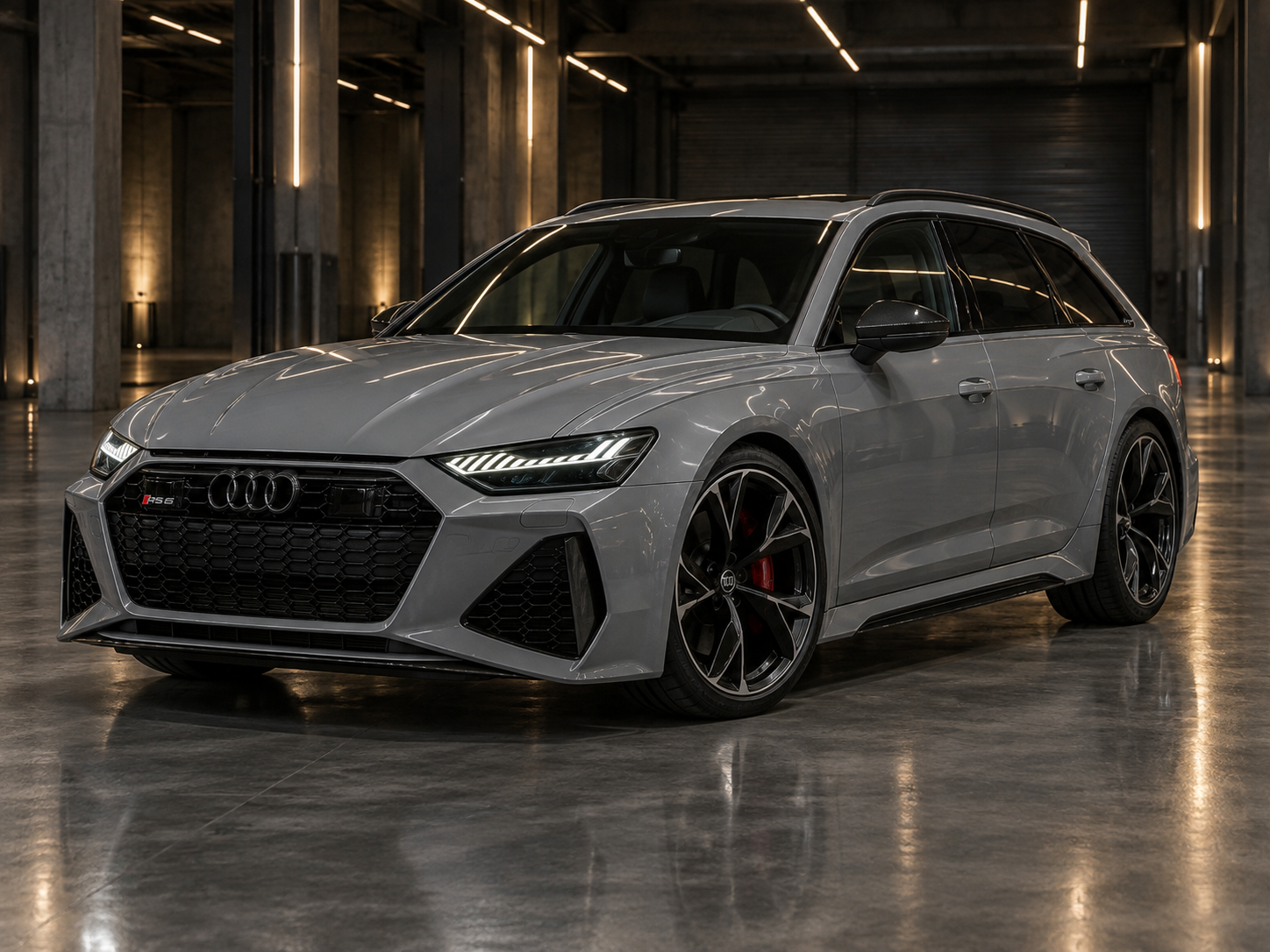 Gray 2021 Audi RS6 Avant in a warehouse